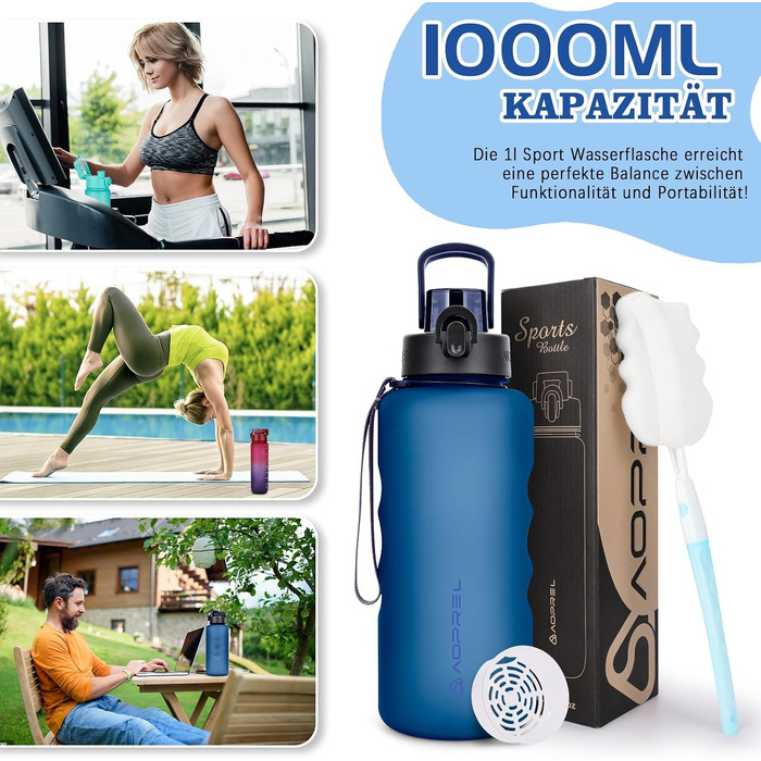 Спортивна пляшка для води AOPREL 1.5Л з фільтром, Tritan BPA-free, герметична пляшка для фітнесу, походів та офісу (Темно-синя)