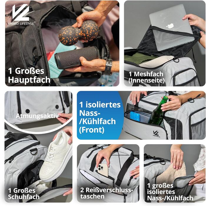 Спортивна сумка V® з відділенням для взуття, мокрою білизною та ізольованим холодильним відсіком. Сумка для сауни, подорожей, спортзалу, фітнесу, плавання. Чорний-сірий, чорно-сріблястий (XL, сріблясто-карбоновий)