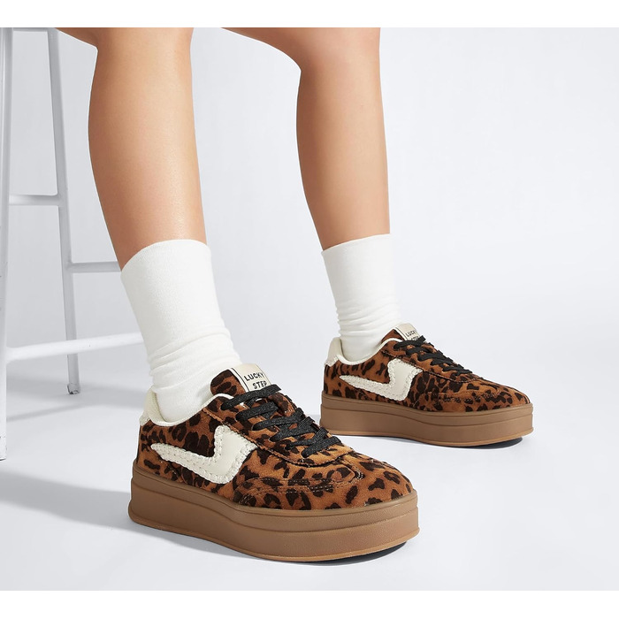Жіночі кросівки на платформі LUCKY STEP – модні масивні кросівки, зручні шнурівки для повсякденного носіння та прогулянок з прошитими деталями. Чорно-білі (Коричневий леопард, 38 EU)
