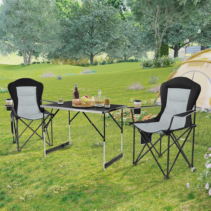 Складний туристичний стілець WOLTU: легкий, для відпочинку на природі, риболовлі, з кишенею для напоїв та боковою кишенею, до 150 кг, для кемпінгу, пляжу, саду, тераси (чорний + світло-сірий)