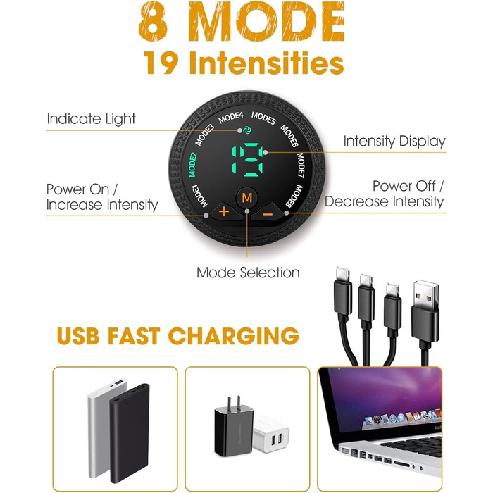 EMS масажер для тренувань, USB-зарядний пристрій для тренування пресу з електричною стимуляцією м'язів, 8 режимів & 19 інтенсивностей для живота, рук, стегон та ніг, для чоловіків та жінок