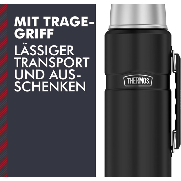 Термос із нержавіючої сталі Thermos King 1,2 л, чорний матовий, з чашкою, 12 годин гаряче / 24 години холодне, BPA free, придатний для миття в посудомийці, з ручкою