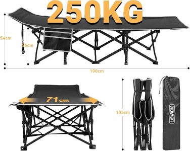 Розкладне туристичне ліжко Overmont - кемпінгове ліжко 190x71x36 см, до 250 кг, Oxford 2400D з кишенею, сумка для перенесення. Чорний колір.