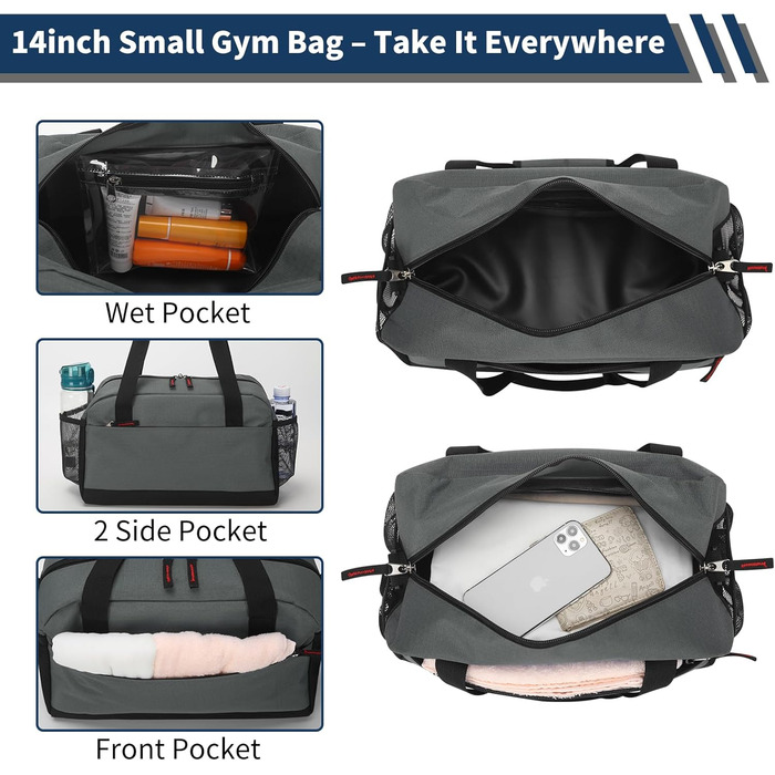 Спортивна сумка маленька з відділенням для мокрого - 35x20x20 см, ручна поклажа, міні-дупель-сумка з кількома відділеннями для спорту, відпочинку, коротких подорожей (темно-сірий)