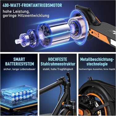 Електросамокат MEGA MOTION з дорожнім допуском, 400W, APP, швидкість до 20 км/год, акумулятор 7,8 А·год, вага 15 кг, складаний, подвійне гальмо, подвійний амортизатор, для дорослих, чорний-оранжевий