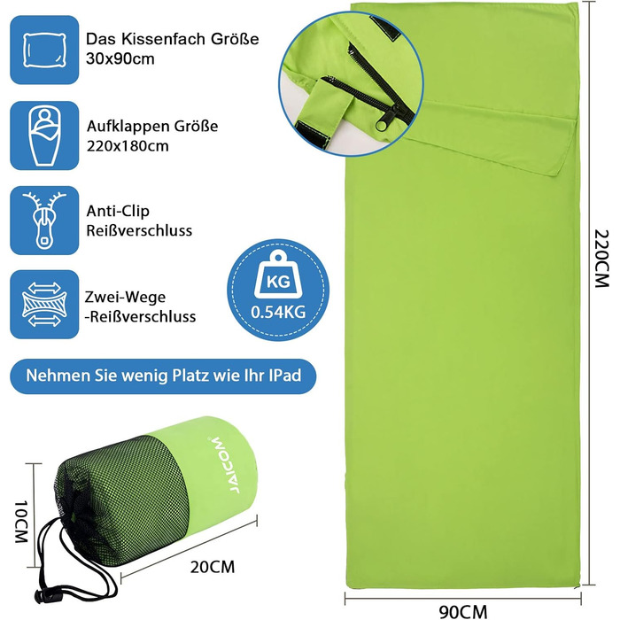 Спальний мішок туристичний, ультралегкий, 2в1, з мікрофібри, для подорожей, зелений