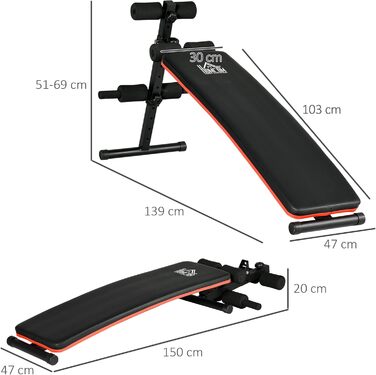 HOMCOM Складана та регульована лавка для пресу, багатофункціональна гімнастична лавка з м'якою спинкою, 47x139x51-69см, чорно-червона