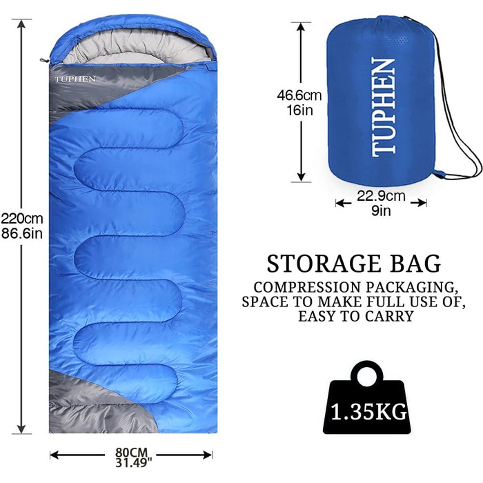 Спальний мішок 3-4 сезони для дорослих та дітей, блакитно-сірий. Легкий, водонепроникний, компактний для кемпінгу та подорожей. Розмір 219.9 x 79.9 см