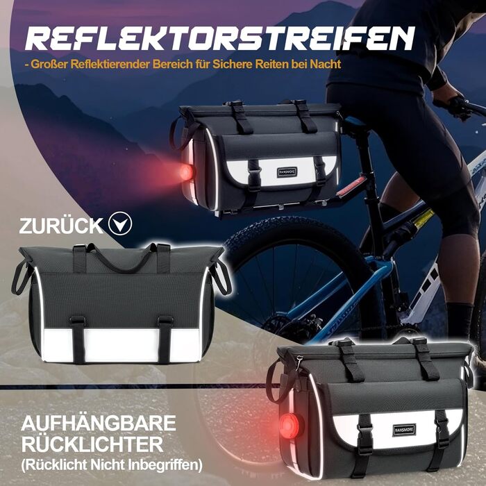 Велосумка RAINSMORE 3-в-1 для багажника 18L, розширювана, водонепроникна, з відбивачами, регульована, сіра