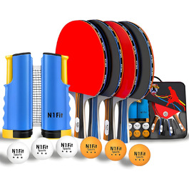 Набір для пінг-понгу: 4 професійні ракетки, розтягуване сітка, 6 м'ячів, сумка - для гри в приміщенні та на вулиці