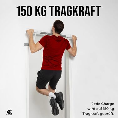 Турнік у дверний отвір KIANA Sports без гвинтів та свердлення, до 150 кг, з еспандером та планом тренувань, білий