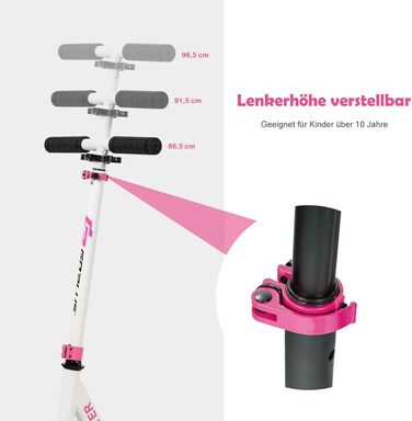 Дитячий трюковий самокат GOPLUS Roller Kinder 10 років, 3-ступенева регулювання висоти, алюмінієвий, з LED-колесами, гальмом, ременем та підставкою, до 100 кг (Рожевий)