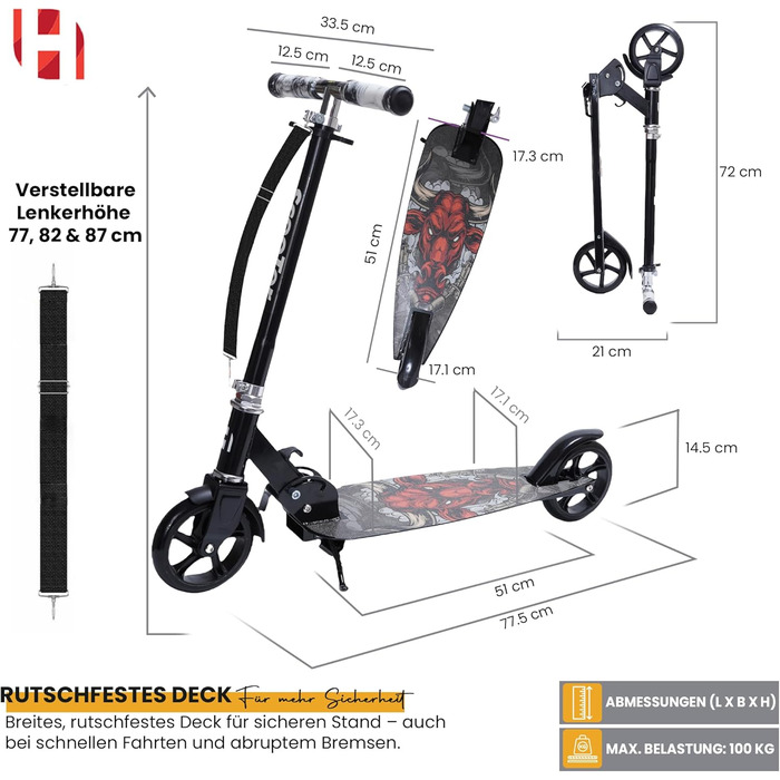 Самокат дитячий Habib Cityroller складаний, регульований, для дітей та підлітків (6-16 років), чорний