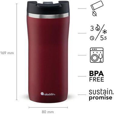 Термочашка Aladdin Barista Mocca 0.35 л, нержавіюча сталь, герметична, для кави, зберігає тепло 3 години, BPA-free, бордова, для подорожей, для напоїв, підходить для миття в посудомийці