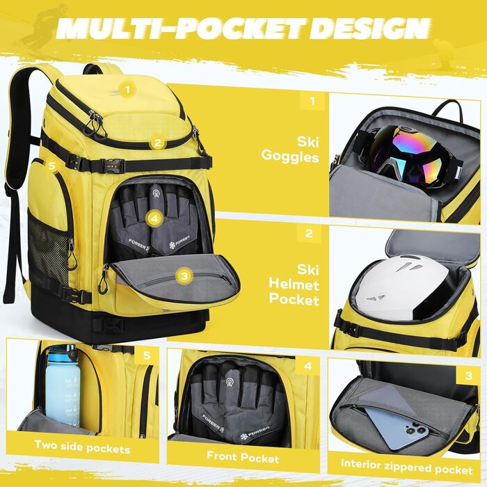 Чохол для лижних черевиків Maelstrom 55 л, великий рюкзак для подорожей, водонепроникний для сноуборду, лижного спорядження, колір: лимонний