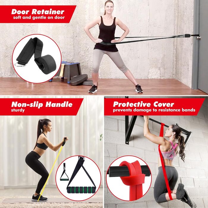 Набір еластичних стрічок для фітнесу, 3 рівні опору, з дверними фіксаторами, ручками, чохлом, сумкою та інструкцією. Стрічки для фітнесу/йоги/силових тренувань. Кольори: синій, зелений, фіолетовий, чорний, червоний, жовтий