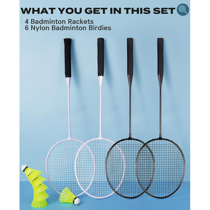 Набір для бадмінтону 4 шт. для ігор на вулиці, включає 4 ракетки, 6 нейлонових воланчиків, легкі ракетки для бадмінтону для початківців