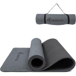 Килимок для йоги StrongTek TPE 183x61x0,6 см, нековзкий, легкий, з ременем для перенесення, для йоги, пілатесу та фітнесу, чорний/сірий