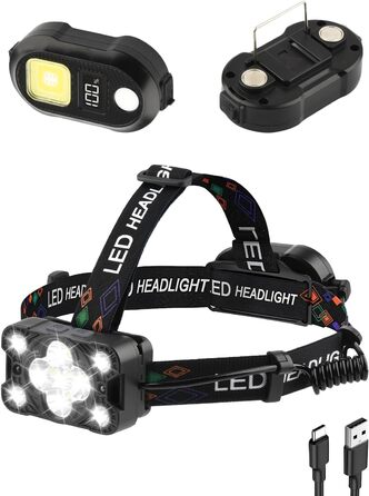 LED налобний ліхтар Stirnlampe 2025 з регулюванням яскравості, датчиком, 8 режимів (червоне світло, аварійне), 225° регулювання. Для кемпінгу, риболовлі, ремонту, надзвичайних ситуацій. Чорний