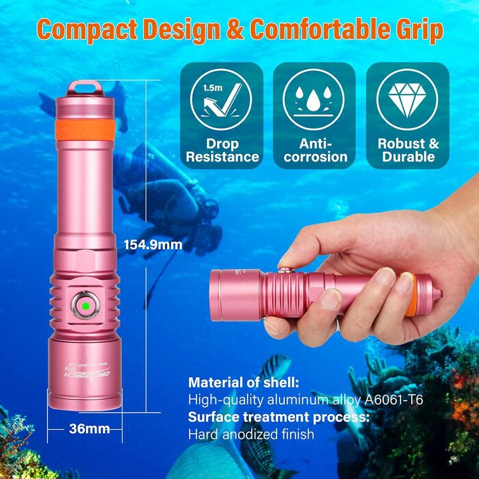 Ліхтар підводний LED Orcatorch DC710, 3000 люмен, USB-C, IP68, 150м, рожевий