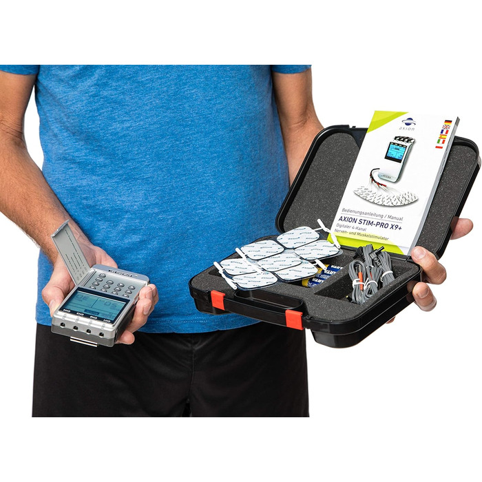 TENS EMS комбінований пристрій STIM-PRO X9+ з 8 електродних подушок 5x5 см для болісної терапії, масажу та м'язового стимулювання. Сертифікований медичний прилад axion®