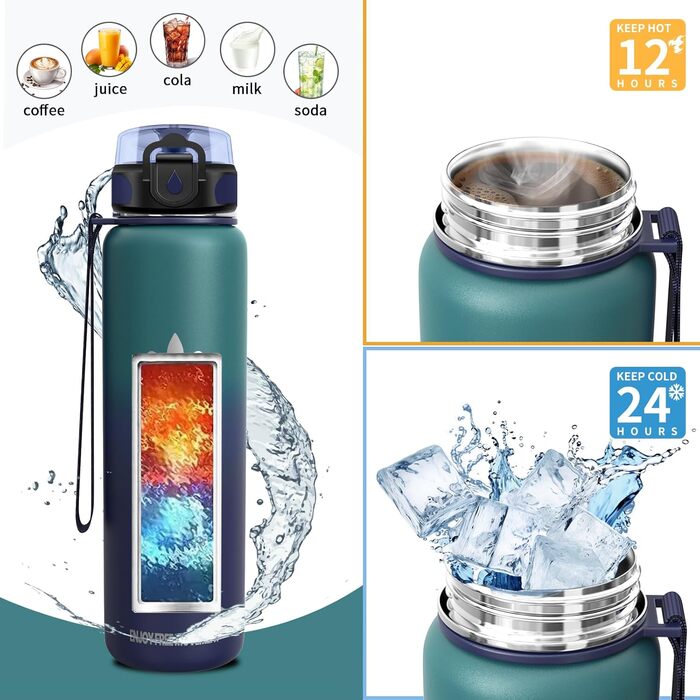 Термос-пляшка Vikaster 500 мл/1000 мл, нержавіюча сталь, BPA-Free, для спорту, подорожей, фітнесу (чорний & винно-червоний, армійсько-зелений & морський блакитний)