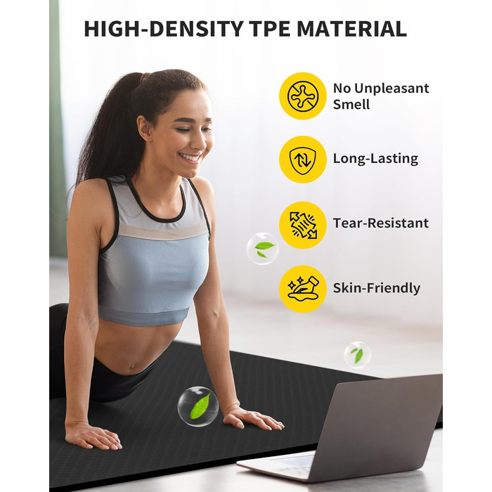 Йогамат CAMBIVO XXL 183x122 см, товщина 6/8/10/12 мм, TPE, чорний