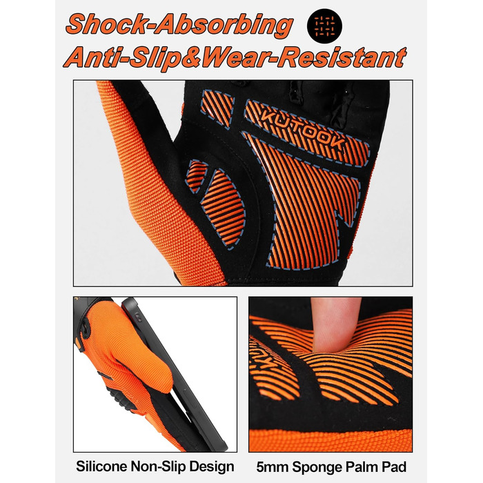 Велосипедні рукавички KUTOOK MTB для чоловіків та жінок, посилені, з підкладкою 5 мм, захист TPR SCR, сенсорний екран, дихаючі, зелені (XXL, помаранчевий)