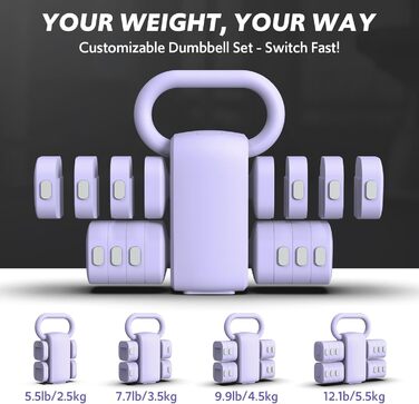 Регульований набір гантелей 2 шт. 4-в-1: гантелі для жінок з швидким регулюванням (0.9-2.3 кг), фіолетовий