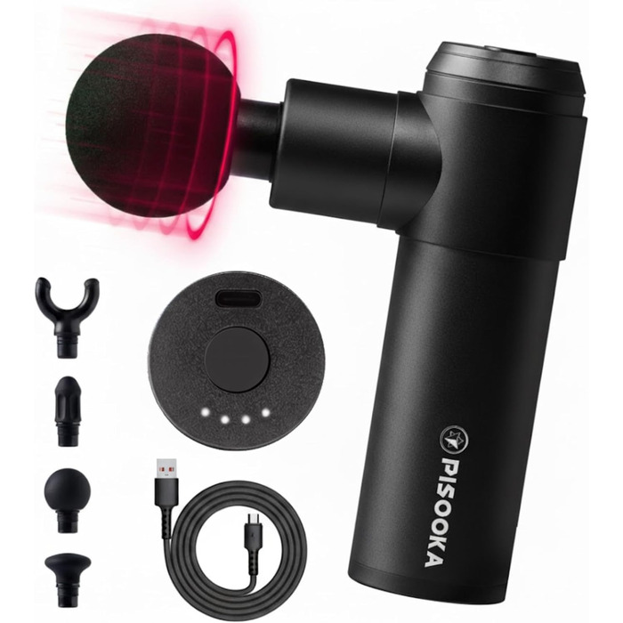 Масажер PISOOKA X2 Mini - безшумний масажний пістолет з 4 насадками для спини, плечей та ніг. 4200 RPM, 0,5 кг, USB-C, чорний