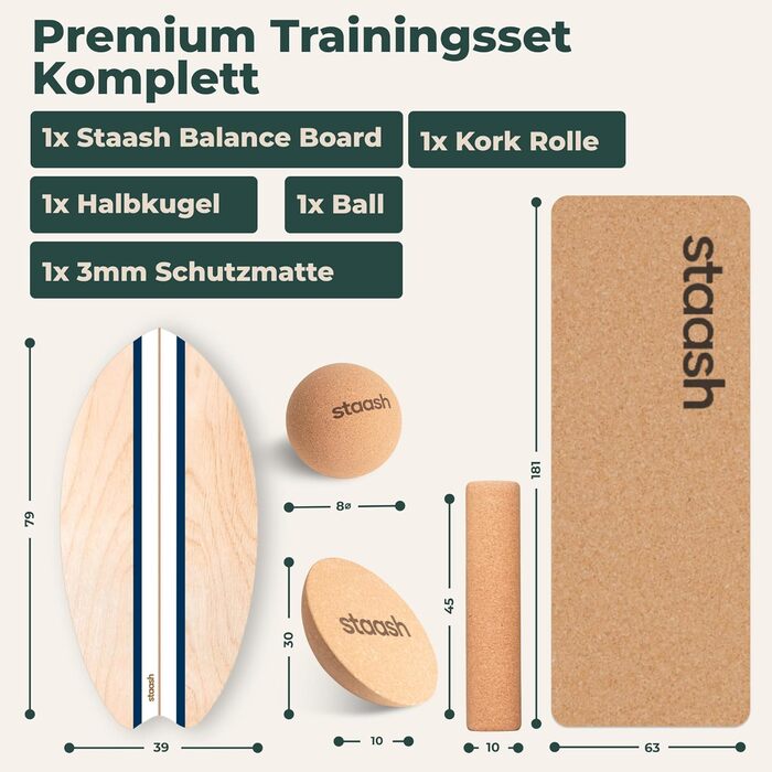 STAASH® PRO Балансборд з берези – Преміум 5-в-1 набір для балансу, фітнесу та реабілітації. Ролик + півсфера + килимок. Макс. вага 150 кг, Колір: Морська хвиля