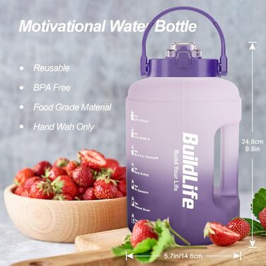 Спортивна пляшка BuildLife 2,5 л з мітками часу та двома кришками - без BPA - для спортзалу (2500 мл, фіолетовий)
