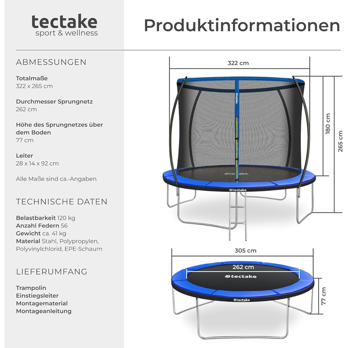 Трамплін Tectake® для саду Ø 305 см з сіткою безпеки, блакитний - ідеальний для занять спортом та балансування дітей