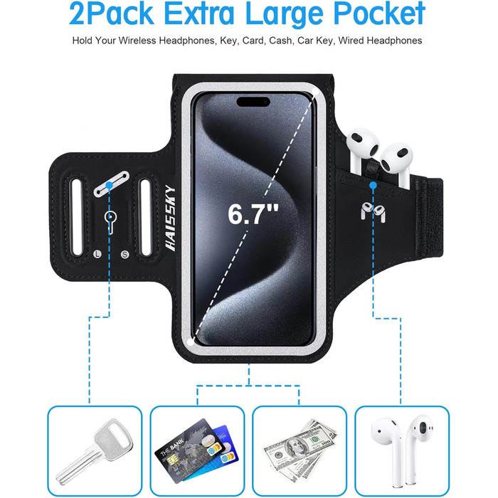 Спортивний браслет для телефону на руку: підходить для iPhone 16/15/14/13/12 Pro Max, Galaxy S25 S24. З кишенькою для навушників, для бігу та фітнесу.