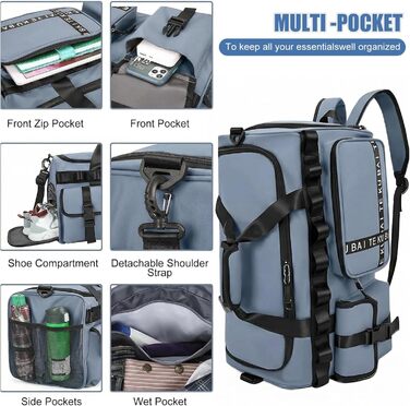 Спортивна сумка для подорожей 65л з відділенням для взуття та мокрих речей, містка сумка в зал та для плавання, синя