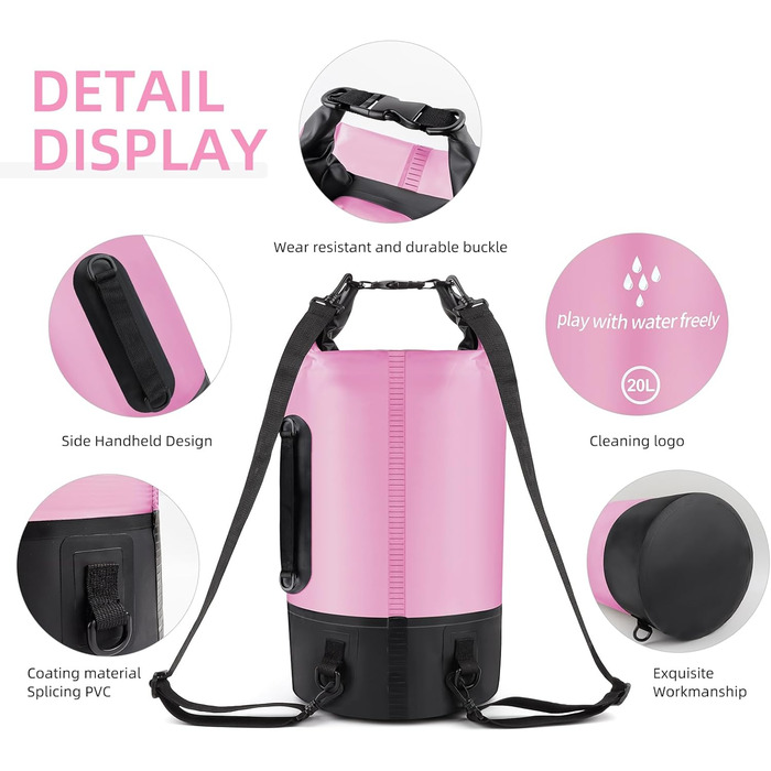 Водонепроникний сухий мішок GES 20 л Roll-Top з кишенею для телефону - для каякінгу, човнів, походів, рафтингу, плавання, кемпінгу та риболовлі (Рожевий)