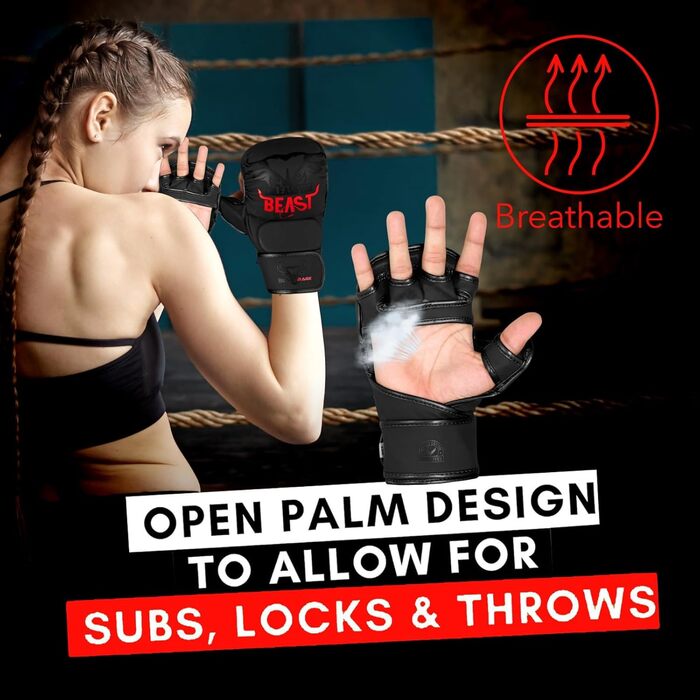 MMA рукавички BEAST RAGE для чоловіків та жінок, регульована підтримка зап'ястя, відкрита долоня, рукавички для бойових мистецтв, греплінг, спаринг, муай-тай, кікбоксинг, Taekwondo (L-XL, Червоні)