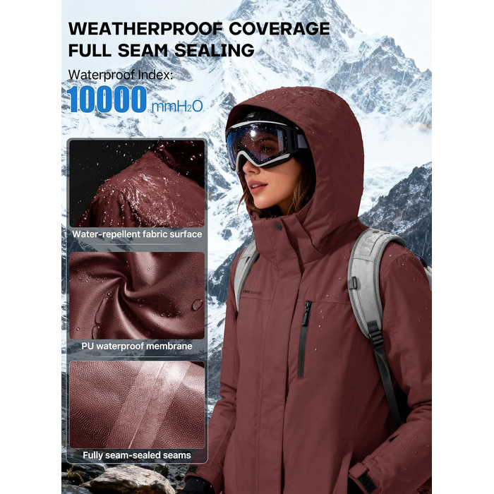 Жіноча водонепроникна куртка для сноубордингу та лижного спорту FREE SOLDIER з флісовою підкладкою, тепла зимова куртка з капюшоном, повністю проклеєні шви (XXL, Бордовий)