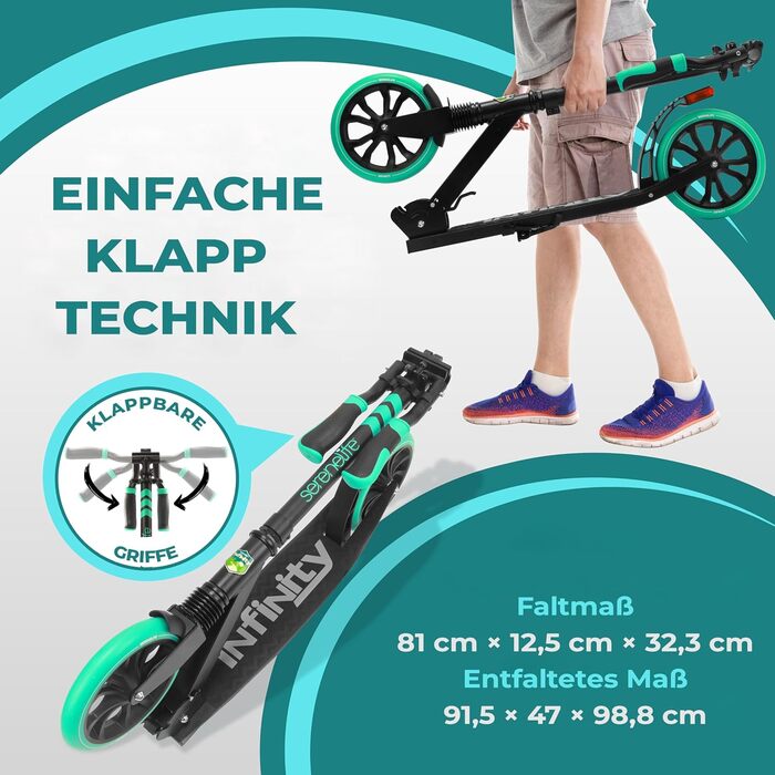 Самокат SereneLife Roller: складаний міський самокат з великими колесами, регульованою висотою, ременем для перенесення, підставкою та ножним гальмом до 100 кг (Аква)
