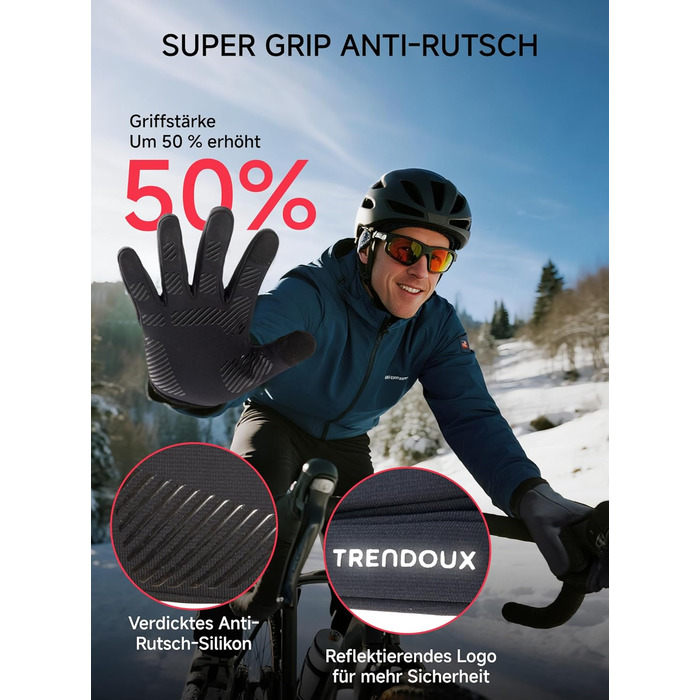 Терморукавички Trendoux для чоловіків та жінок, теплі велорукавички з флісовою підкладкою, сенсорні, водонепроникні, вітрозахисні, з антиковзанням, для бігу, їзди на велосипеді, водіння, чорні, XL