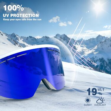 Скі-маска для чоловіків та жінок YH359, сноуборд маска для носіїв окулярів, OTG, захист від запотівання, UV-захист, антиковзаюча стрічка, повне REVO покриття (Білий/Revo Синій - VLT 19%)