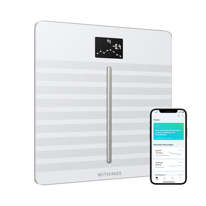 Withings Body Cardio – Wi-Fi смарт-ваги з вимірюванням жиру, пульсу, судинного віку, ІМТ, м'язової маси та води, білі