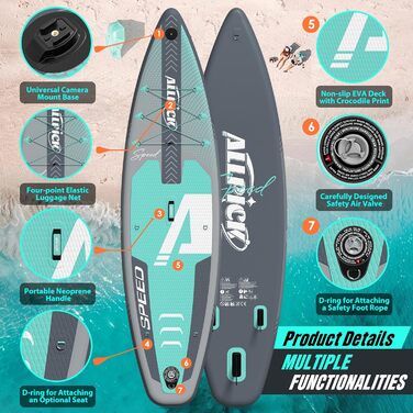 ALLPICK SUP Board Premium набір: Дошка для Stand Up Paddling надувна, з кріпленням для камери, повний комплект аксесуарів, регульоване весло, для початківців та просунутих, вантажопідйомність 200 кг, сіро-зелений