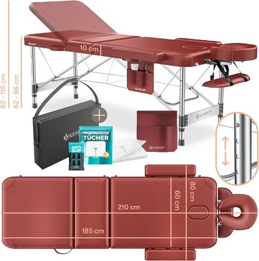 Масажне ліжко KESSER® з 3 зонами, до 250 кг, складане, регульоване, з аксесуарами (підголовник, підлокітники, сумка), для косметичних процедур та терапії, антиковзаюча поверхня, 61 см, Бордовий