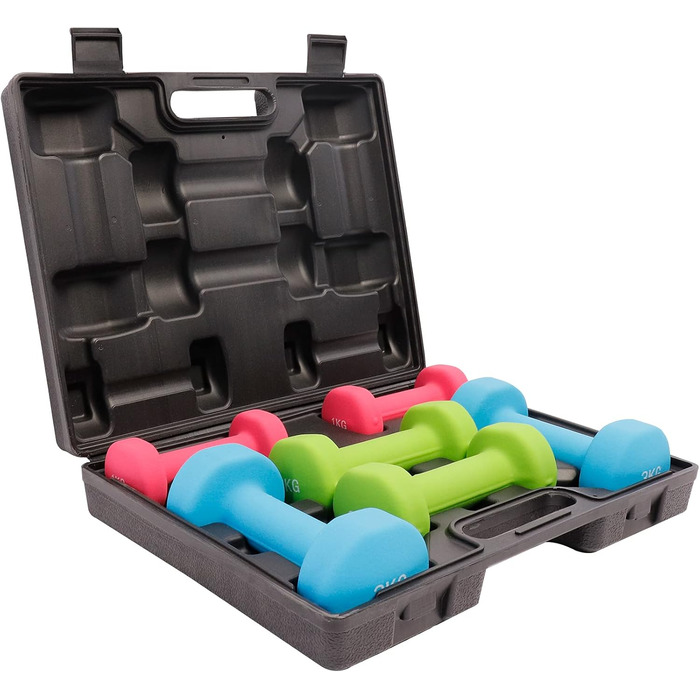 GORILLA SPORTS® Набір гантелей 12 кг з кейсом, нековзкі неопрена, 2×1 кг, 2×2 кг, 2×3 кг, для фітнесу, аеробіки та силових тренувань