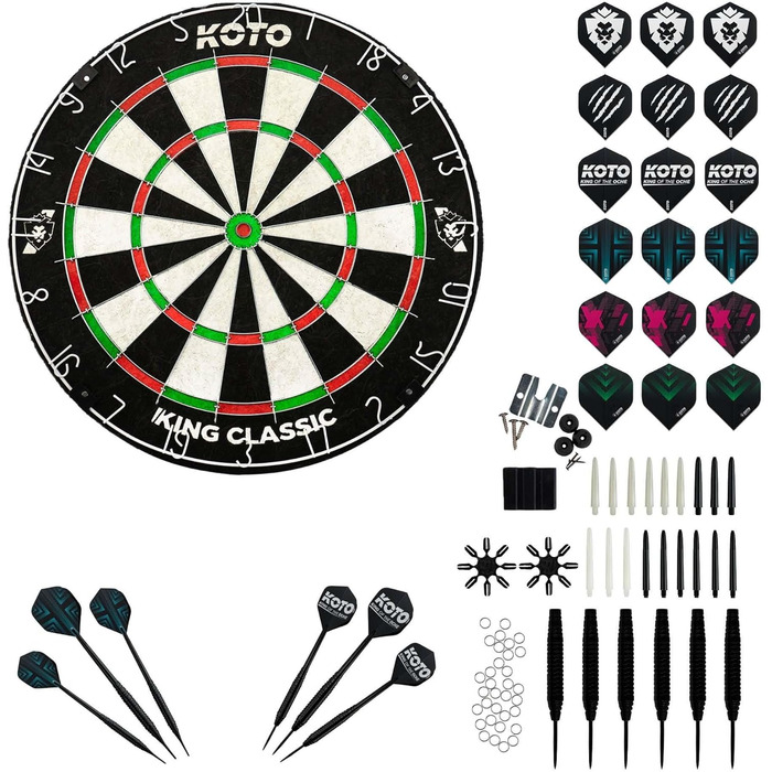 KOTO King Classic Academy Set – професійний набір для дартсу, високоякісна мішень, стартовий комплект, 2 повних сети дротиків (барель, стрижень, оперення)