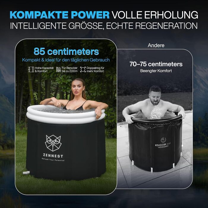Eistonne Zennest Eistonne для дому 90см – XL Cold Plunge: велика ванна для крижаних процедур на відкритому повітрі з 6-шаровою ізоляцією. Зручна та портативна ванна для дорослих. (Rund-pro)