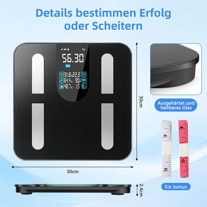 Розумні ваги для аналізу складу тіла з визначенням відсотка жиру, м'язової маси, BMI та вісцерального жиру, 25 показників, BIA-технологія, до 225 кг, чорні