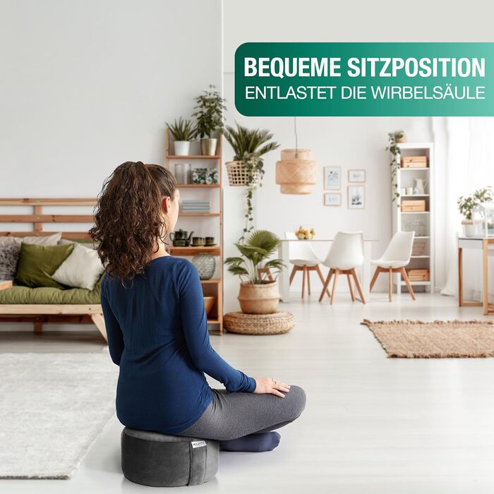 Йога подушка для медитації – кругла подушка з наповнювачем з лушпини гречаниці – 30 см, 14 см, збірна інструкція (PDF), знімний оксамитовий чохол (антрацит)