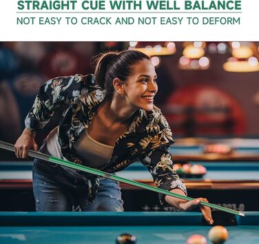 Більярдний кий для дорослих та дітей, Fiberglas-Graphit, 147.3 см, 2 частини, для дому та комерційного використання (матово-зелений, 595 г)